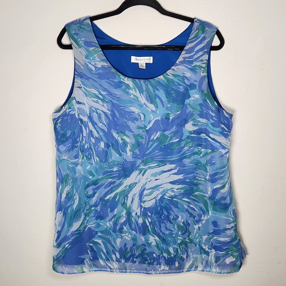 Coldwater Creek Womens 18 Blue Watercolor Abstract Sleeveless Sheer Lined Top